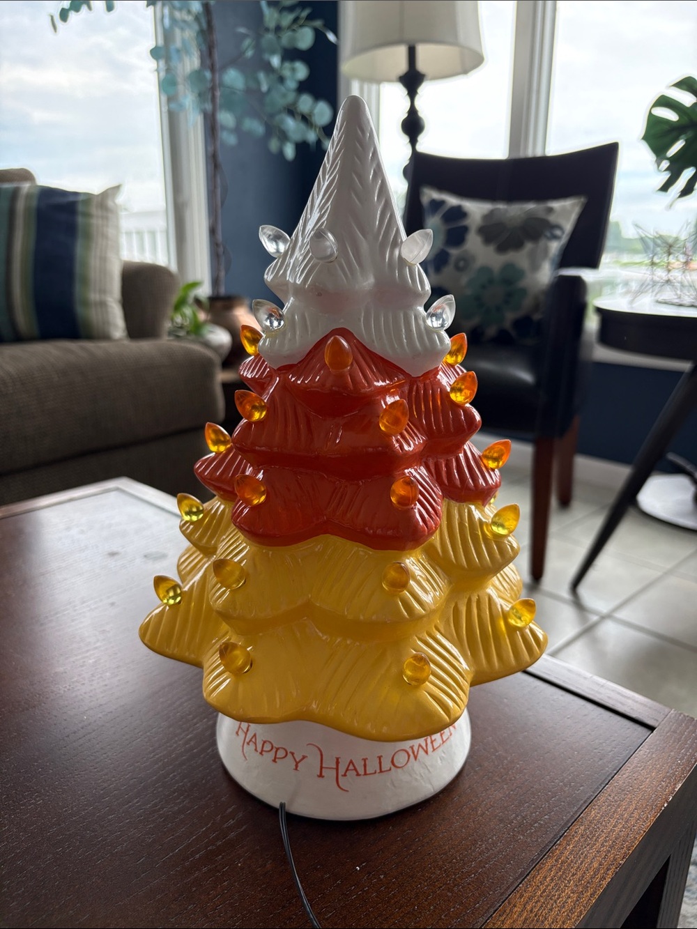 NWT Mr Halloween Candy Corn Ceramic Light up LED Festive Tree Orange Home Decor